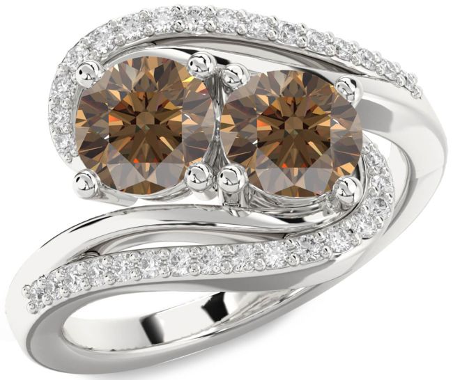 Chocolate Brown Diamond Silver Round Two Stone Ring