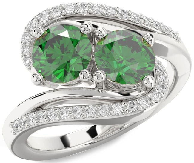 Diamond Emerald Silver Round Two Stone Birthstone Ring
