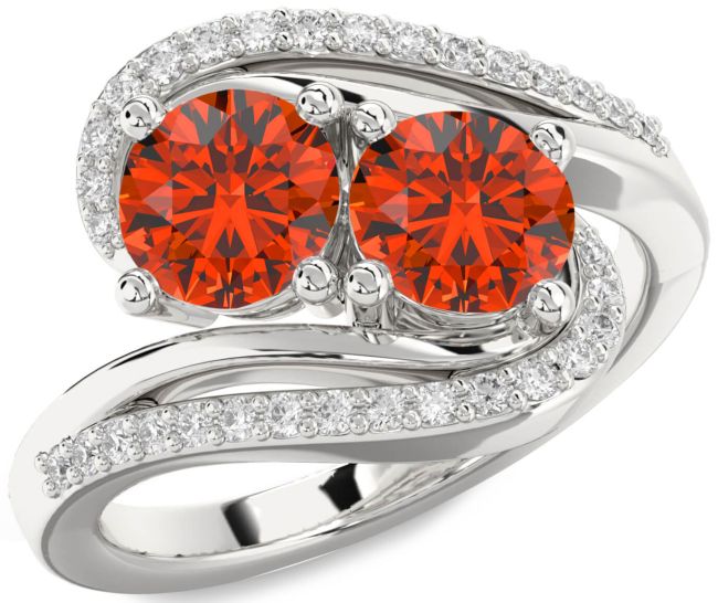 Diamond Fire Opal Silver Round Two Stone Ring