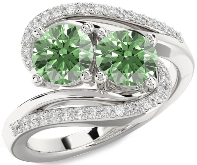 Green Diamond Silver Round Two Stone Ring