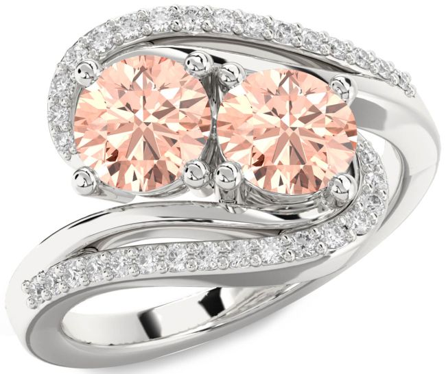 Diamond Morganite Silver Round Two Stone Ring