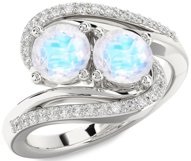 Diamond Moonstone Silver Round Two Stone Ring