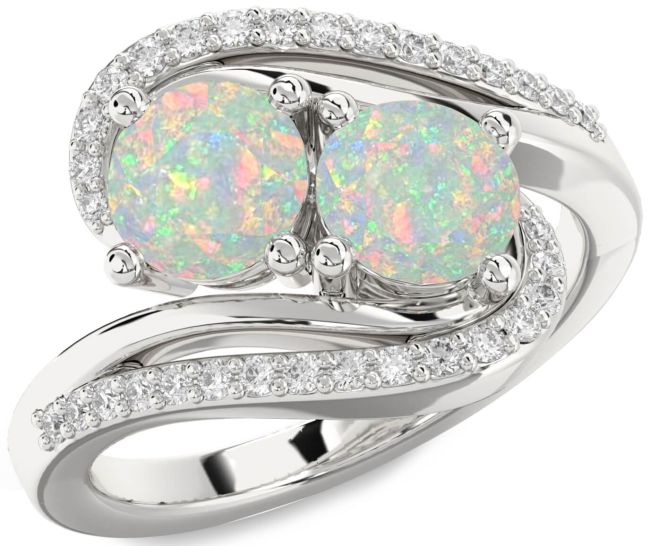 Diamond Opal Silver Round Two Stone Birthstone Ring