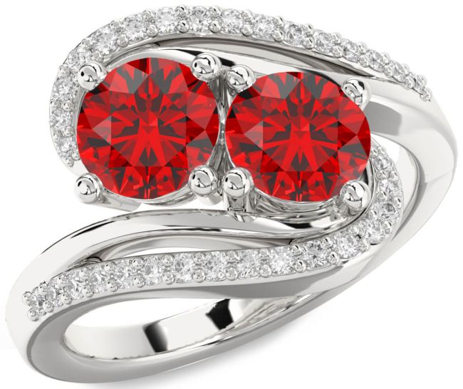 Diamond Ruby Silver Round Two Stone Birthstone Ring