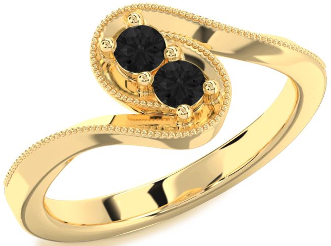 Black Diamond Gold Silver Round Two Stone Ring