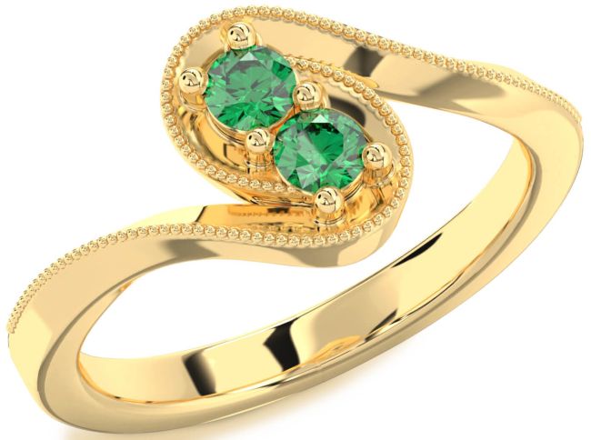 Emerald Gold Round Two Stone Birthstone Ring
