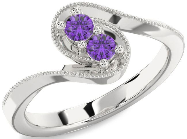 Amethyst Silver Round Two Stone Birthstone Ring