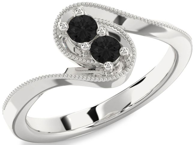 Black Diamond Silver Round Two Stone Ring