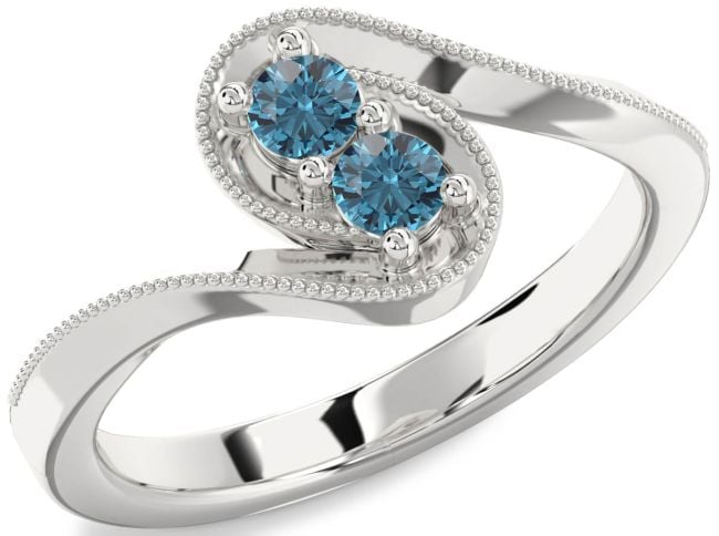 Blue Diamond Silver Round Two Stone Ring