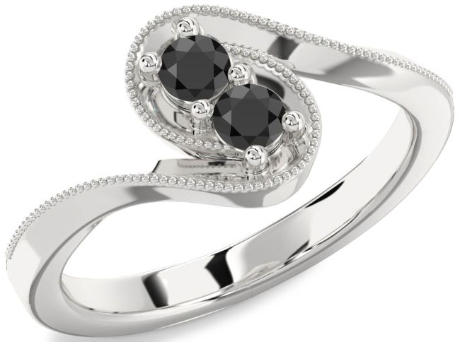 Black Onyx Silver Round Two Stone Ring