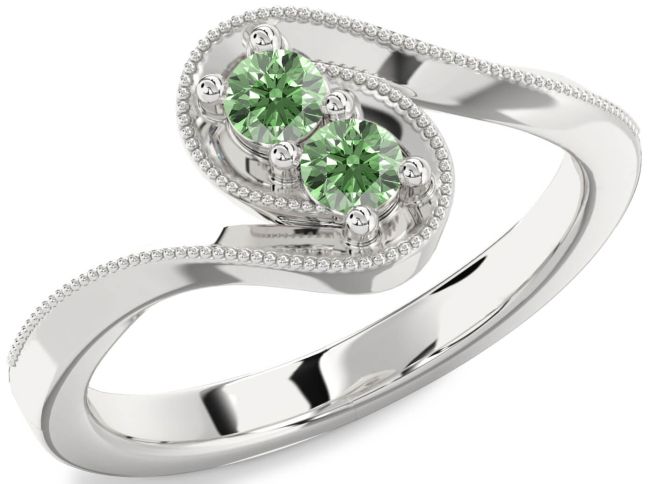 Green Diamond Silver Round Two Stone Ring