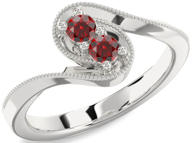 Garnet Silver Round Two Stone Birthstone Ring