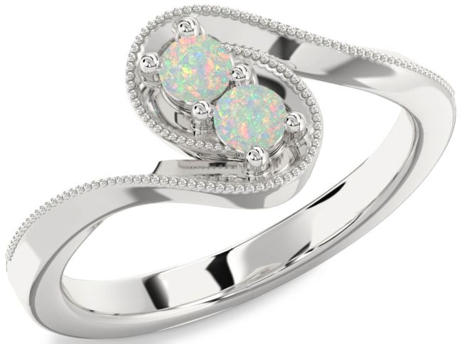 Opal Silver Round Two Stone Birthstone Ring