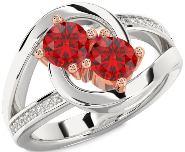 Diamond Ruby Rose Gold Silver Round Two Stone Birthstone Ring