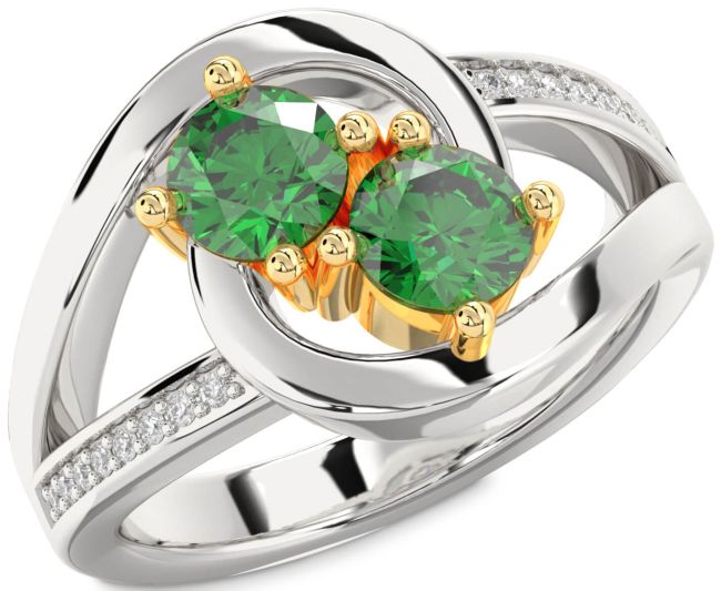 Diamond Emerald Gold Silver Round Two Stone Birthstone Ring