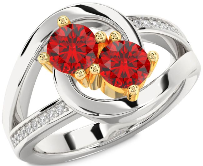 Diamond Ruby Gold Silver Round Two Stone Birthstone Ring