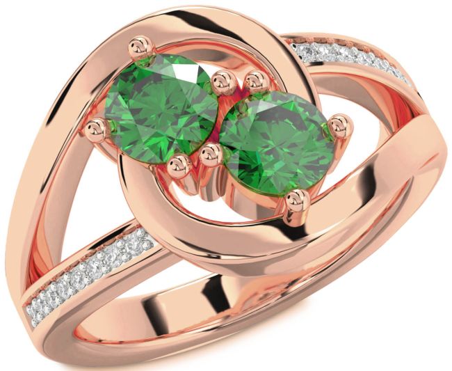 Diamond Emerald Rose Gold Round Two Stone Birthstone Ring