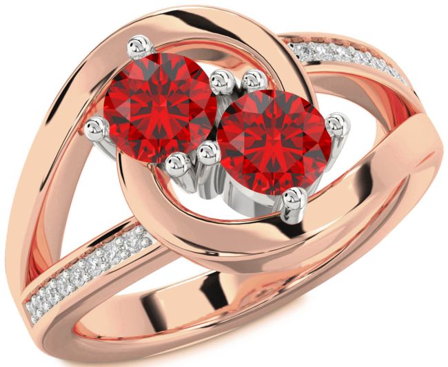 Diamond Ruby Rose Gold Silver Round Two Stone Birthstone Ring