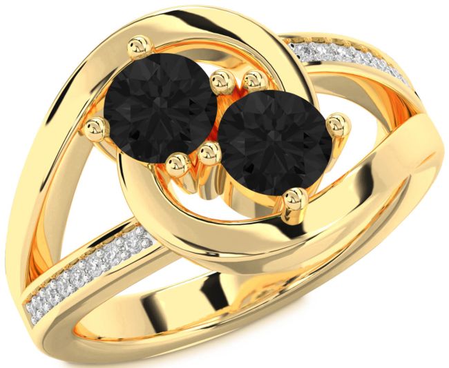 Black Diamond Gold Silver Round Two Stone Ring