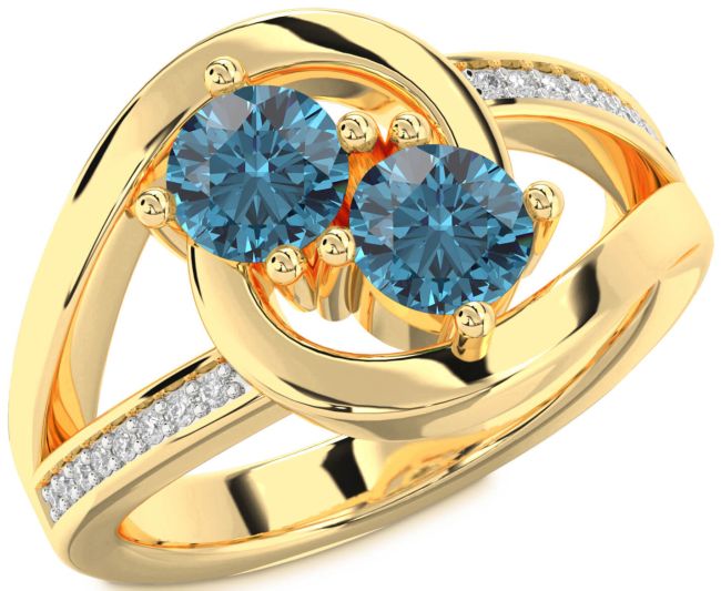 Blue Diamond Gold Silver Round Two Stone Ring