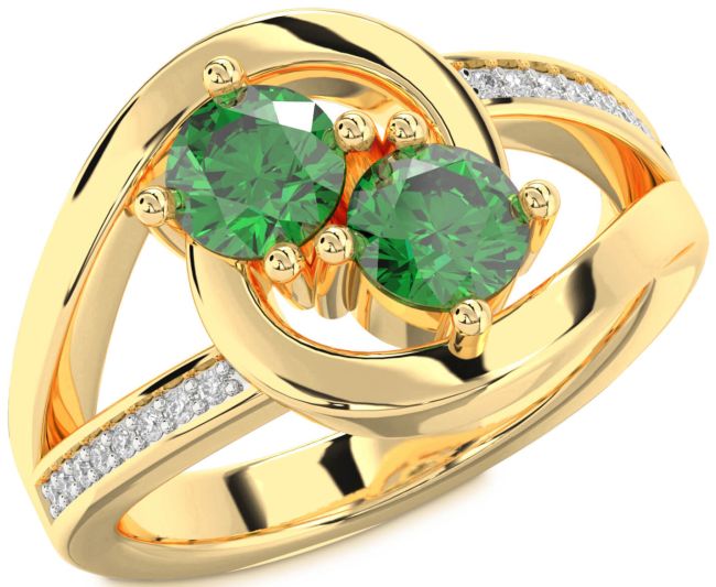 Diamond Emerald Gold Silver Round Two Stone Birthstone Ring