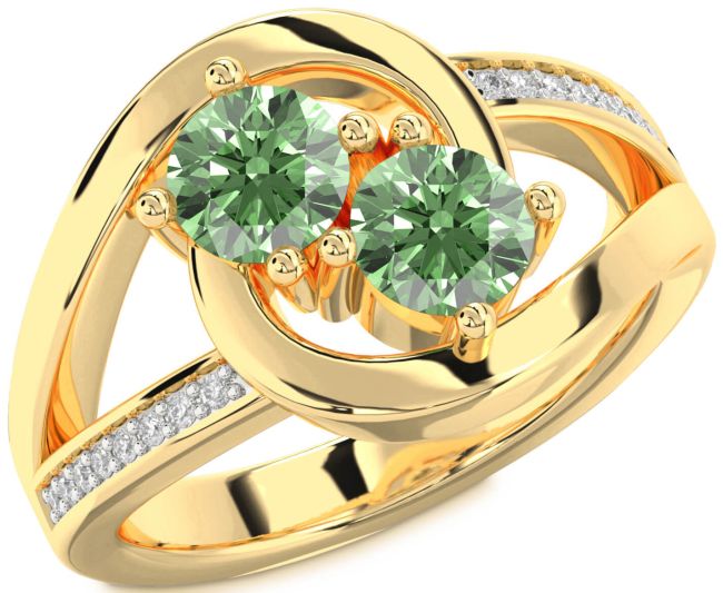 Green Diamond Gold Silver Round Two Stone Ring