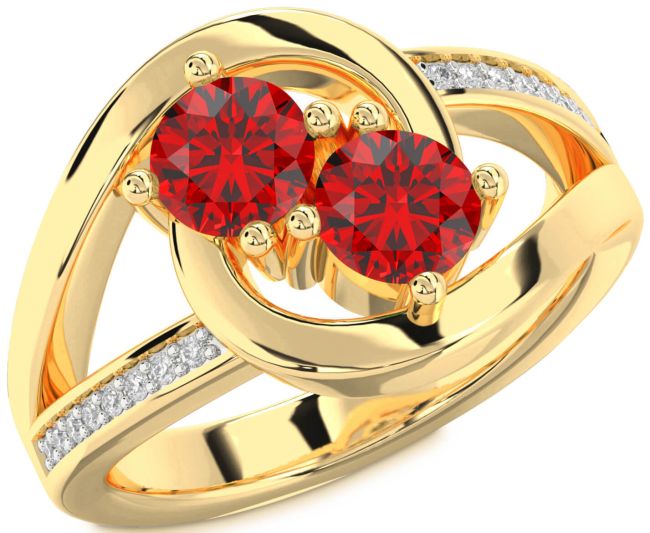 Diamond Ruby Gold Round Two Stone Birthstone Ring