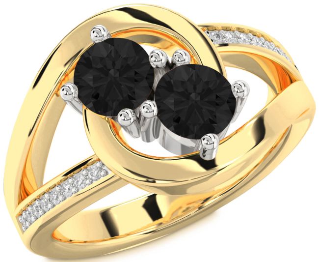 Black Diamond Gold Silver Round Two Stone Ring