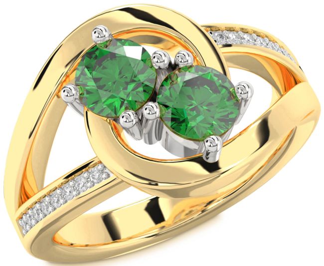 Diamond Emerald Gold Silver Round Two Stone Birthstone Ring