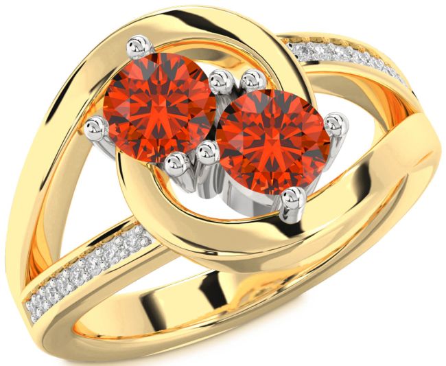 Diamond Fire Opal Gold Silver Round Two Stone Ring