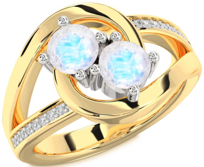Diamond Moonstone Gold Silver Round Two Stone Ring