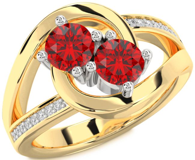 Diamond Ruby Gold Silver Round Two Stone Birthstone Ring