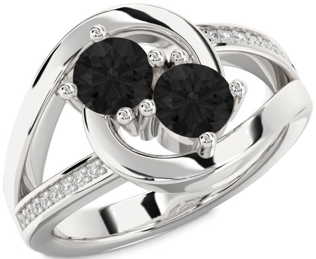 Black Diamond Silver Round Two Stone Ring