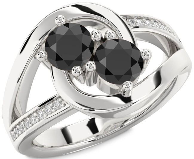 Diamond Black Onyx Silver Round Two Stone Ring