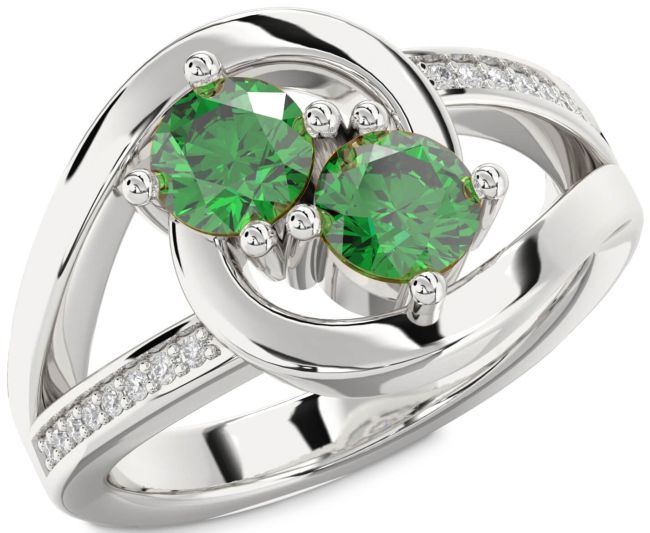 Diamond Emerald Silver Round Two Stone Birthstone Ring
