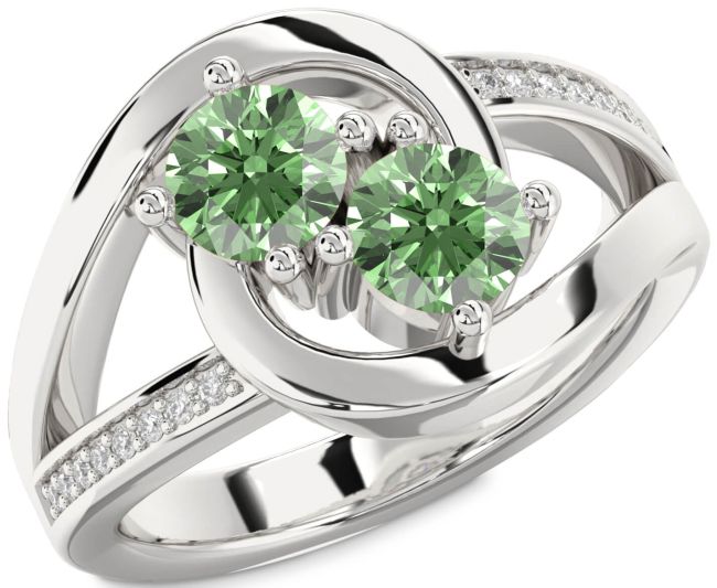 Green Diamond Silver Round Two Stone Ring