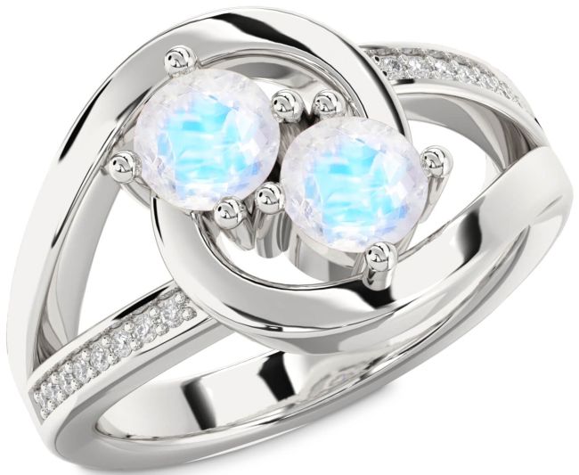 Diamond Moonstone Silver Round Two Stone Ring