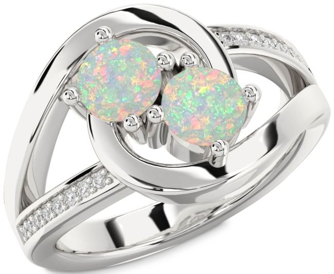 Diamond Opal Silver Round Two Stone Birthstone Ring