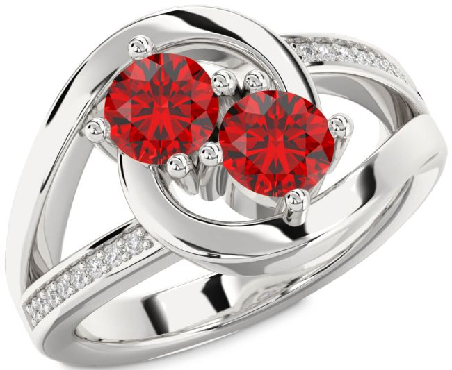 Diamond Ruby Silver Round Two Stone Birthstone Ring