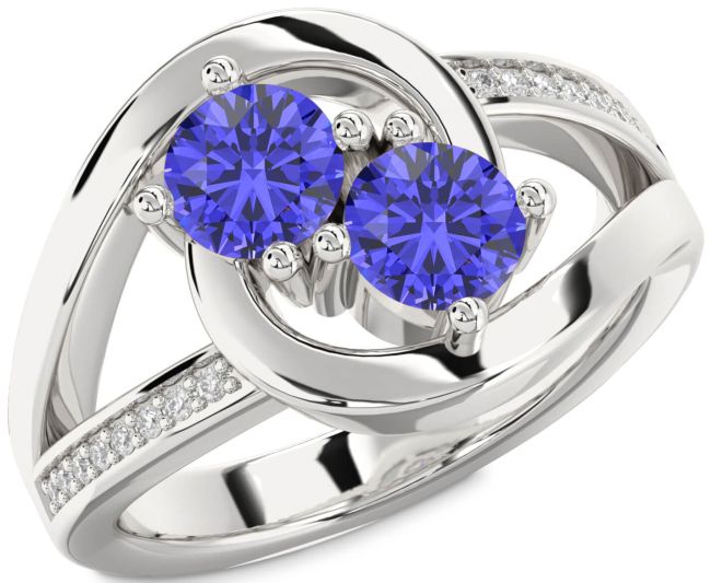 Diamond Tanzanite Silver Round Two Stone Ring