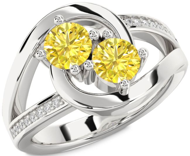 Yellow Diamond Silver Round Two Stone Ring