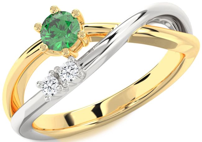 Diamond Emerald Platinum & Yellow Gold Round Promise Ring