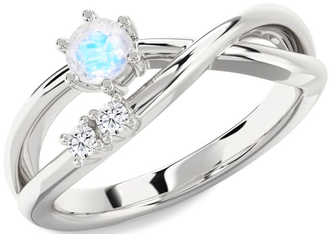 Diamond Moonstone Silver Round Promise Ring