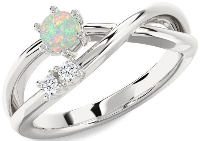Diamond Opal Silver Round Promise Ring