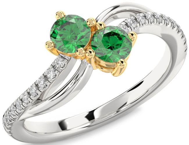 Diamond Emerald Gold Silver Round Two Stone Birthstone Ring
