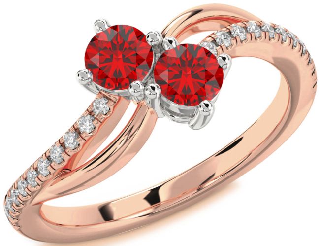 Diamond Ruby Rose Gold Silver Round Two Stone Birthstone Ring