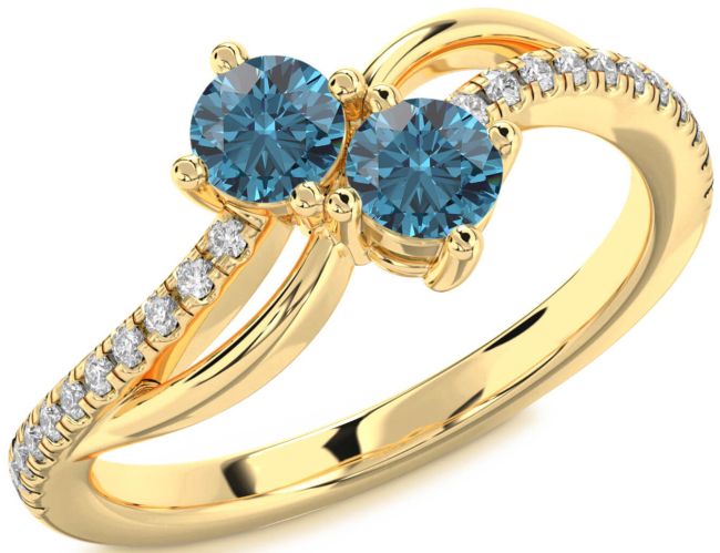 Blue Diamond Gold Silver Round Two Stone Ring