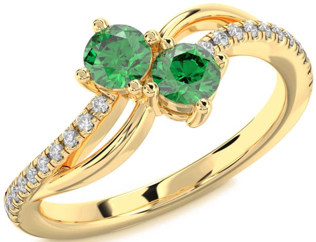 Diamond Emerald Gold Round Two Stone Birthstone Ring