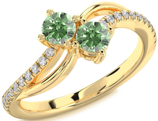 Green Diamond Gold Silver Round Two Stone Ring