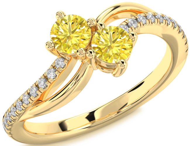 Yellow Diamond Gold Silver Round Two Stone Ring